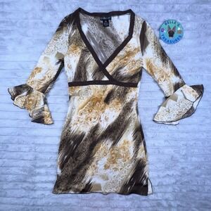 Bebe Dress XS Brown Babydoll V-Neck Mini Lace Stretch Bell Sleeve Y2K 90's Fairy